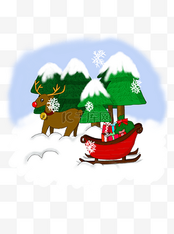 圣诞节冬日雪景手绘卡通麋鹿可商