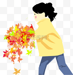 手绘卡通捧着叶子的女孩