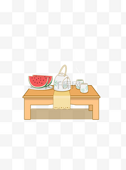 水果茶壶图片_手绘桌子上的物品和桌子psd插画元