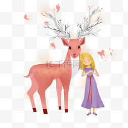 草小女孩图片_卡通手绘梦幻鹿和小女孩