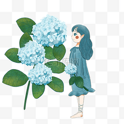 灿烂的花儿图片_蓝色绣球花儿与美少女