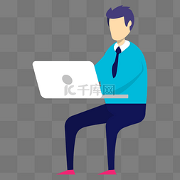 卡通领带男图片_穿着蓝色衣服坐着办公的商务男士