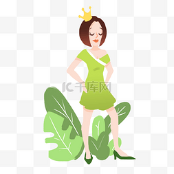 绿裙子美女图片_女神节卡通插画戴皇冠的女神
