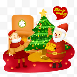 圣诞老人送礼插画图片_圣诞老人送礼场景圣诞树插画儿童