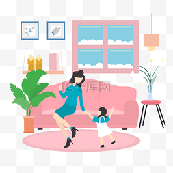 家居母女图片_卡通插画风沙发上的母女