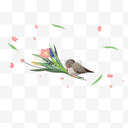 彩色小鸟插画图片_彩色植物花束元素