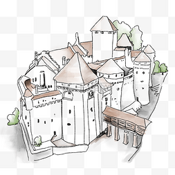 瑞士旅游图片_手绘卡通西庸城堡插画
