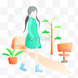 谷雨女孩踏青散步插画