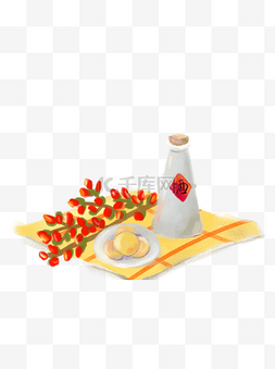 桌布上的桂花糕和酒彩绘设计