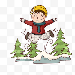 青山绿树插画图片_卡通手绘男孩冬季玩乐插画
