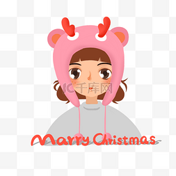 圣诞快乐英文字母图片_戴粉色鹿角帽子的圣诞节女孩圣诞