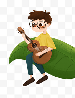 手绘卡通坐在叶子上弹吉他的小男