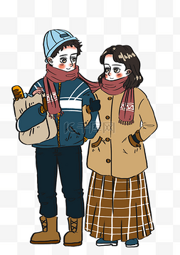 手绘冬季卡通情侣图片_冬季情侣相伴逛街购物卡通人物