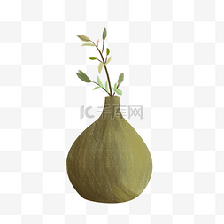 绿色植物花瓶图片_手绘插画风格实木桃木花瓶