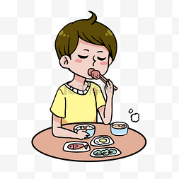 孩子吃饭图片_吃饭喝汤的黄衣服小男孩