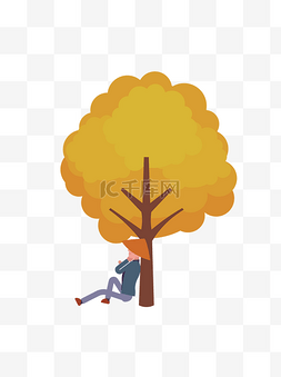 大树下的人物图片_卡通矢量靠在树下休息的人