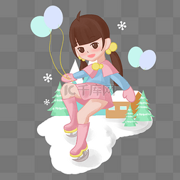 高山滑雪卡通图片_卡通手绘少女滑冰插画