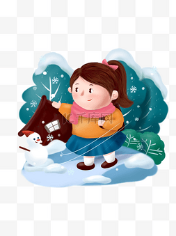 冬季雪景插画图片_二十四节气立冬雪地雪景雪人可商