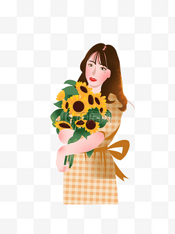手绘卡通怀里抱着向日葵的漂亮长
