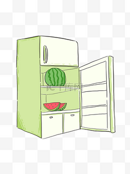 手绘卡通放着西瓜的绿色电冰箱可
