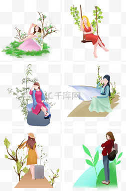 荡秋千的女孩图片_春游人物合集插画