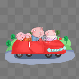 卡通小猪一家人小汽车出游