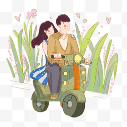 骑车情侣图片_情侣骑车出游情人节手绘插图