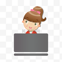 手绘可爱电脑图片_小女孩正在玩电脑