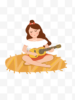 坐在垫子上弹吉他享受音乐的卡通