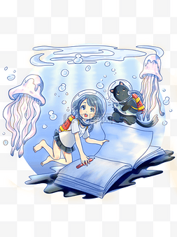 可爱奇幻图片_可商用阅读人物女孩海洋学习书籍