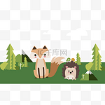森林里的小狮子和小松鼠在野外郊游插画图形