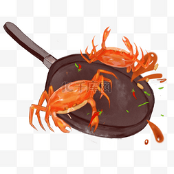 螃蟹在锅里翻炒手绘插画