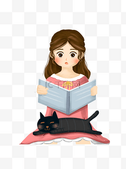 卡通可爱看书的女孩和睡觉的猫可