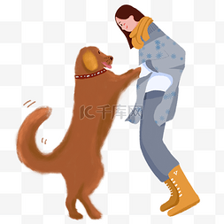 手绘冬季女孩跟狗狗嬉戏