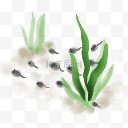 水草加鱼图片_中国水墨手绘蝌蚪和水草