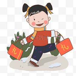 大礼相送图片_手绘中国风新年送大礼儿童插画