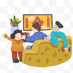 红色电视卡通图片_新年暖色系卡通手绘风格一家人看