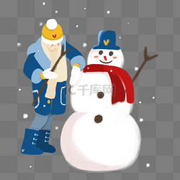手绘圣诞节小男孩堆雪人