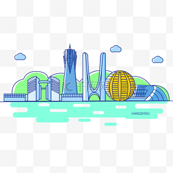 城市建筑简约图片_手绘杭州地标旅游城市设计