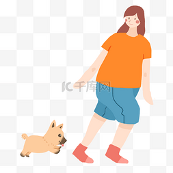 胖女孩卡通图片_狗和主人遛狗免抠PNG素材