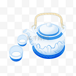 蓝色茶杯图片_蓝色的茶壶手绘插画