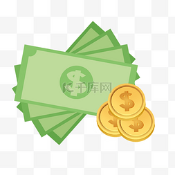 纸币png图片_手绘绿色纸币和金币