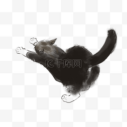 水墨画猫素材图片_手绘水墨顽皮小黑猫背影