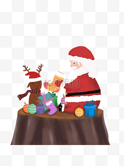 可爱动物场景图片_圣诞节圣诞老人麋鹿可爱插画场景