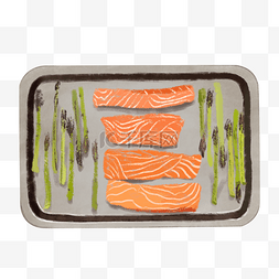 风格海鲜图片_手绘插画风格铁盘内的三文鱼和芦