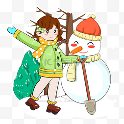 中国传统习俗小女孩铲雪手绘插画