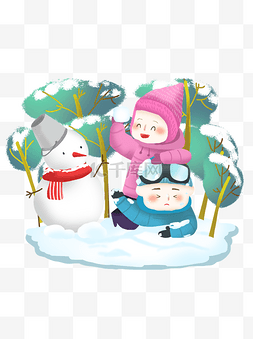 儿童玩雪图片_冬季打雪仗卡通儿童可商用场景插