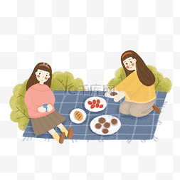 卡通两个小女孩野餐