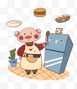 手绘小清新猪年厨师猪