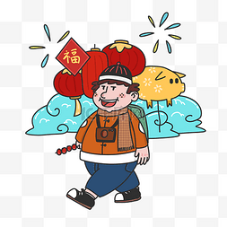 春节旅游人物和灯笼插画